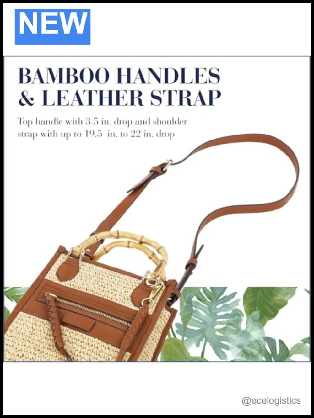 Raffia Tote Bag with Bamboo Handle, Leather Trim, Structured Summer Handbag